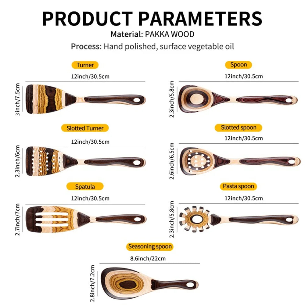 7-Piece Brown Pakkawood Utensils Set – Sturdy Eco-Friendly Wooden Spoons & Cooking Tools