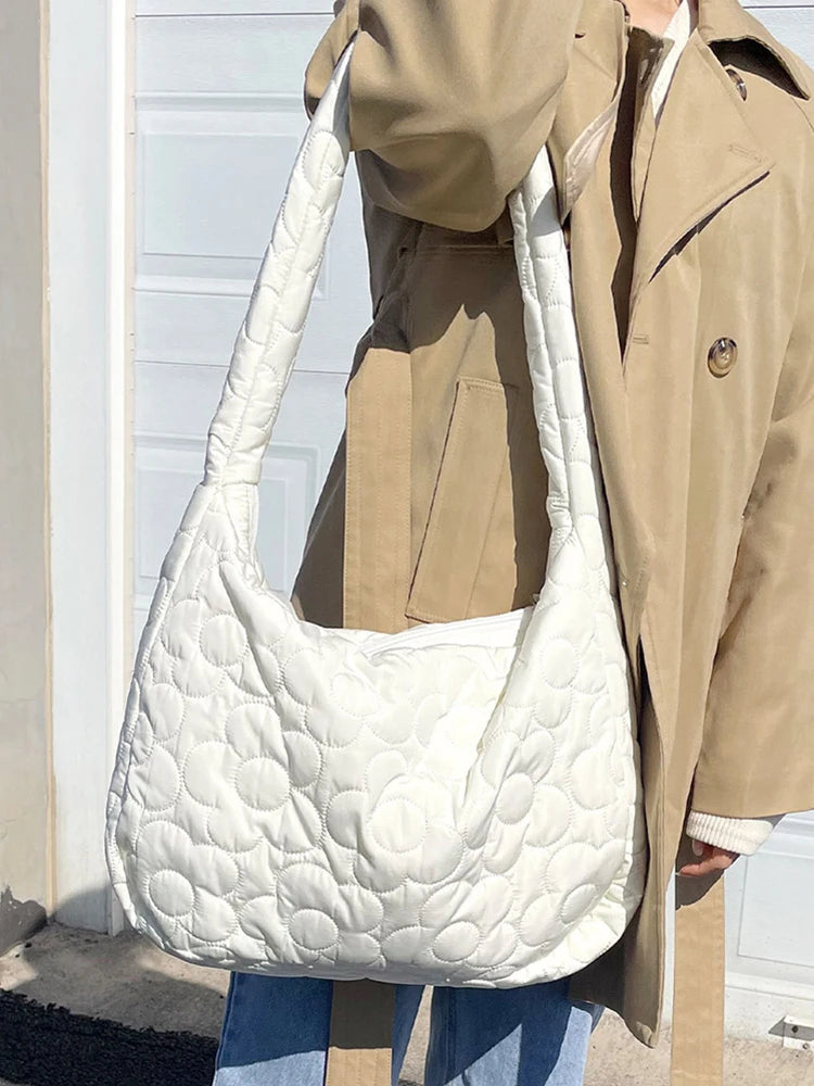 Quilted Top-Handle Bubble Bag – Large Capacity Cotton-Padded Winter Messenger Handbag for Women & Girls