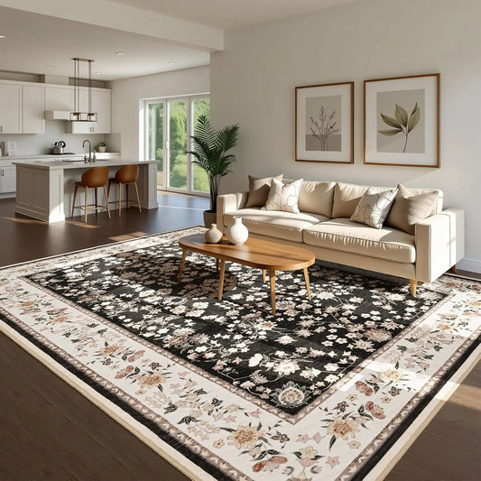 Vintage Floral Washable Area Rug – Soft Low-Pile Non-Slip Carpet for Living Room & Bedroom