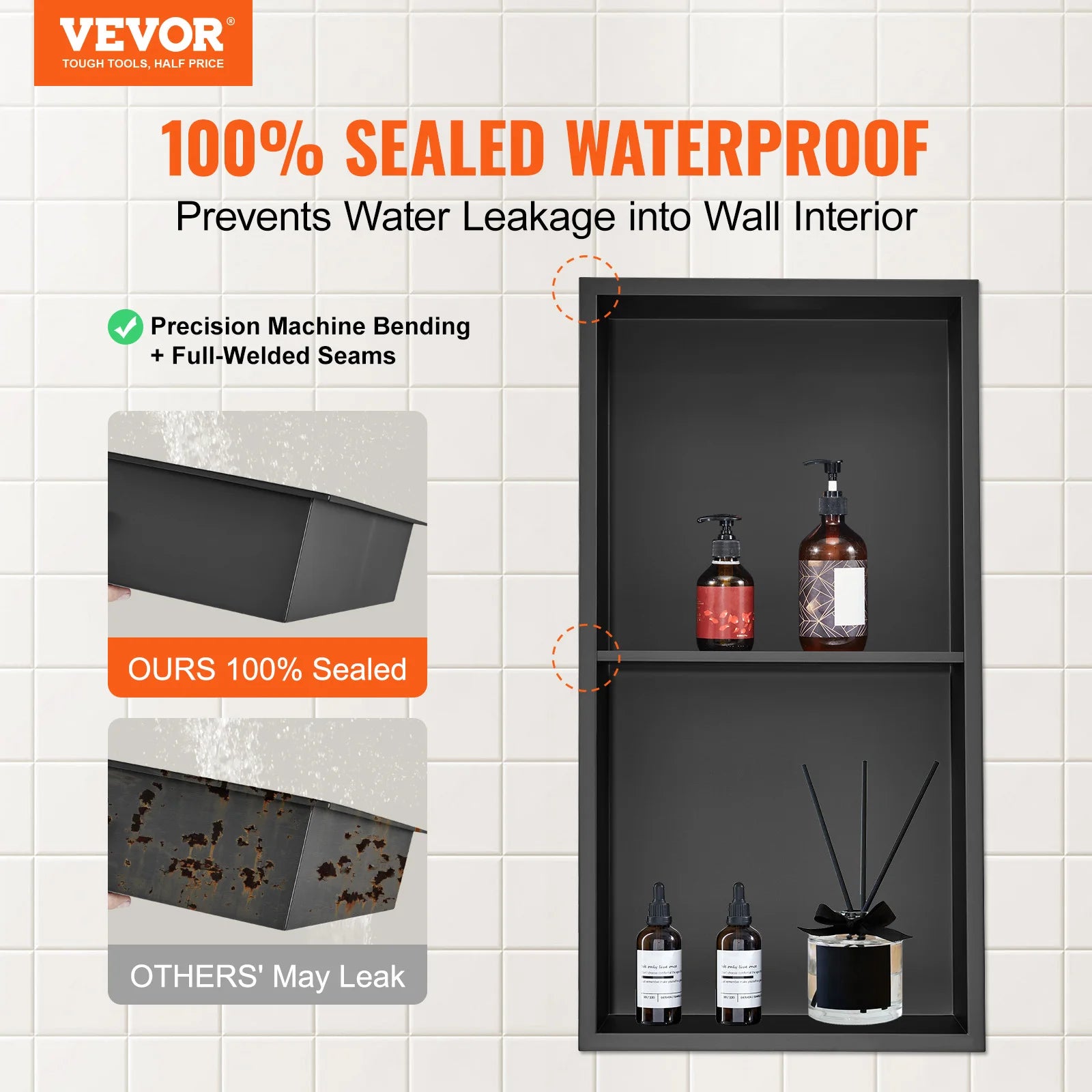 No-Tile 304 Stainless Steel Recessed Shower Niche – Double Shelf Wall Insert
