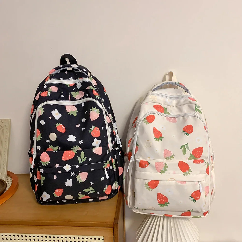 Women’s Strawberry Pattern Backpack – Large-Capacity Student School Bag | Cute Daily Daypack with Adjustable Straps
