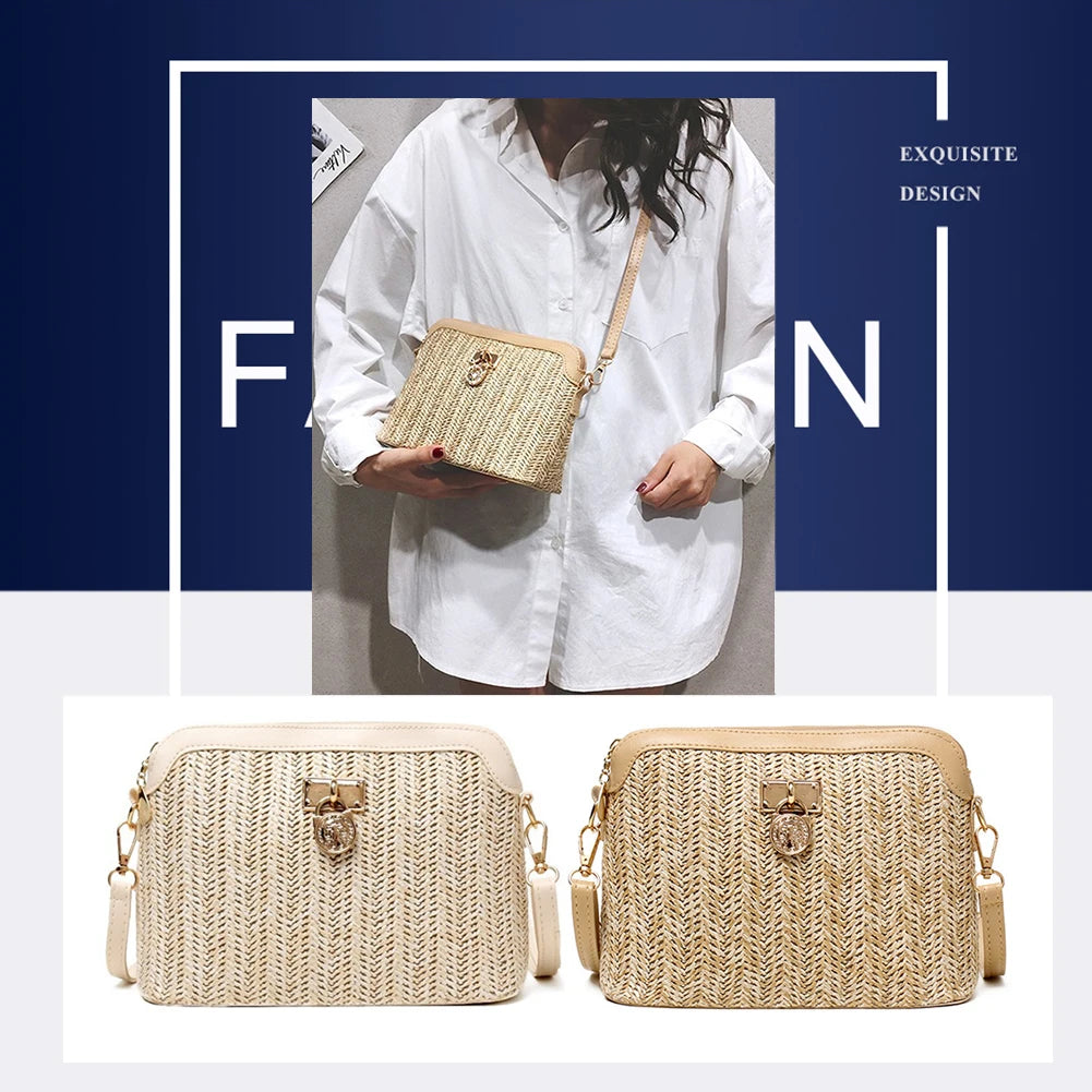 Summer Beach Straw Shell Shoulder Bag – Women’s Woven Messenger Purse for Travel, Vacation & Casual Outings