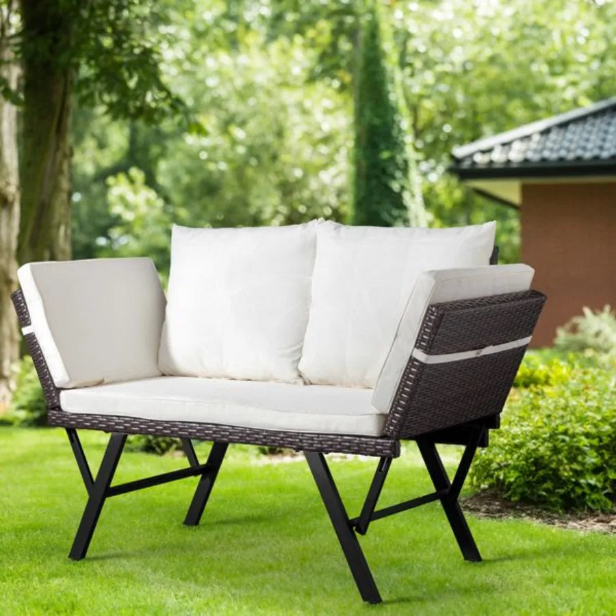 “Outdoor Rattan Sofa – Convertible Daybed or Double Chair with Adjustable Armrests, Cushions & Pillows for Patio & Garden”