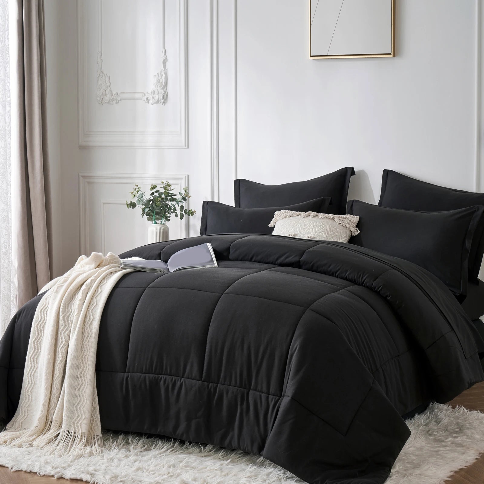 7-Piece “Bed-in-a-Bag” Comforter Set – Queen Size Solid Geometric Design Bedding Bundle (Sheets, Pillowcases & Comforter)
