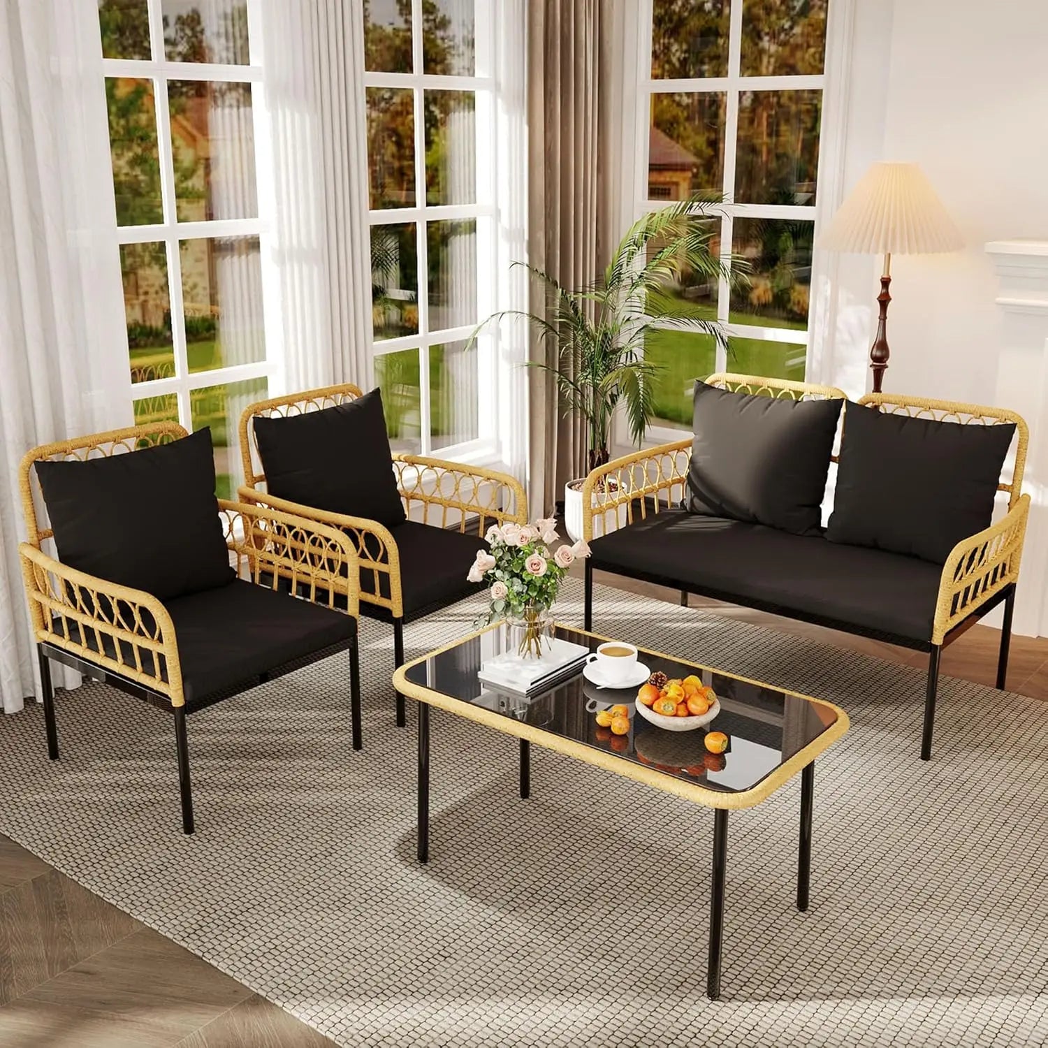 “4-Piece Outdoor Patio Furniture Set – Rattan Balcony Set with Chaise Lounge, 2 Armchairs & Coffee Table”