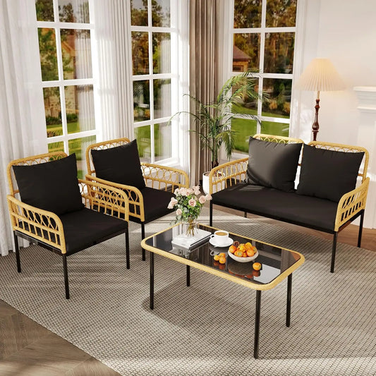 “4-Piece Outdoor Patio Furniture Set – Rattan Balcony Set with Chaise Lounge, 2 Armchairs & Coffee Table”