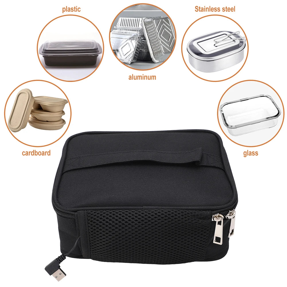 Portable Electric Heated Lunch Box 2.7 L – USB Heated Oxford Fabric Insulated Lunch Bag for Auto, Camping & Travel