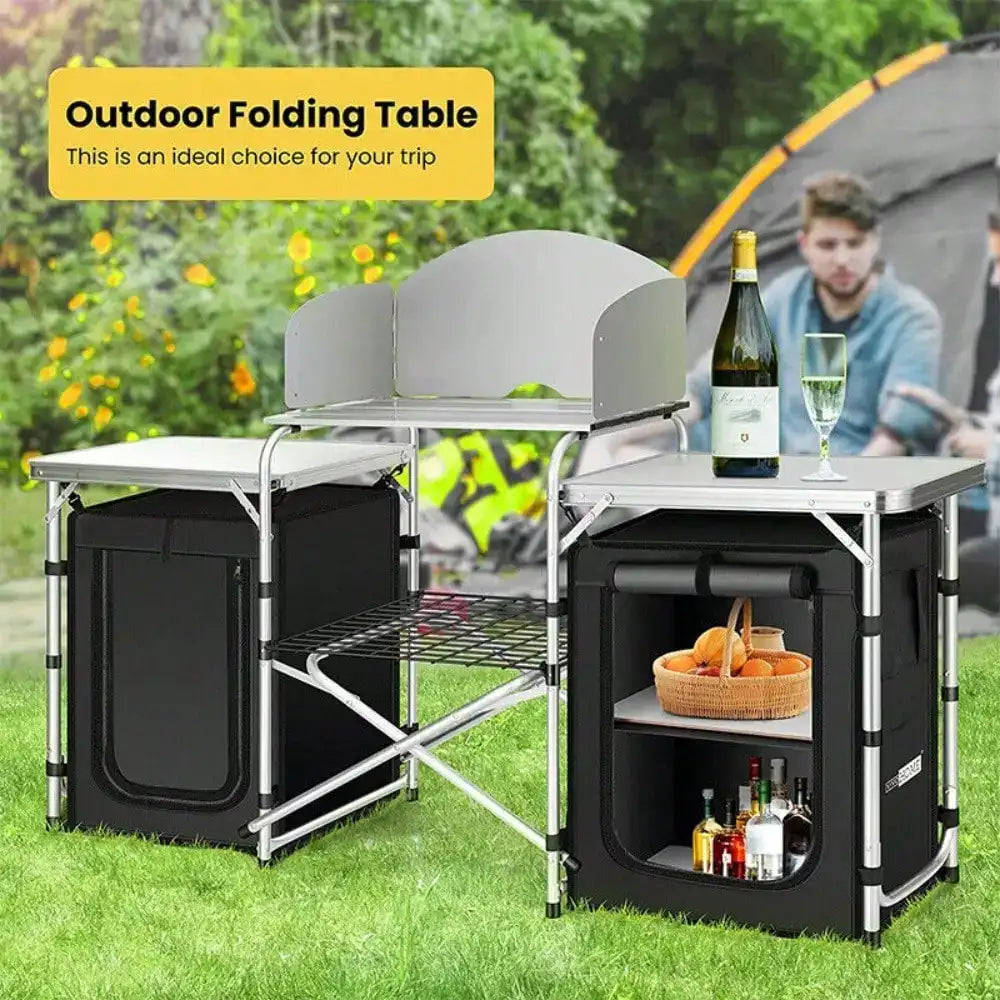 Portable Folding Camping Kitchen Table – Picnic Cabinet with Windshield & Storage