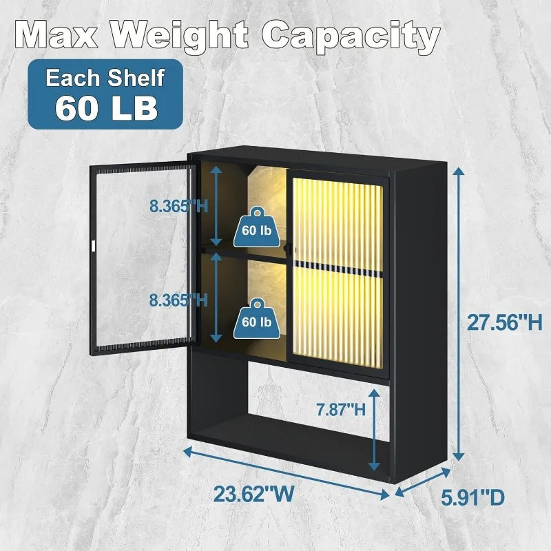 Metal Wall Cabinet with Glass Doors & LED Lights – Over-the-Toilet Space-Saving Medicine & Bathroom Storage