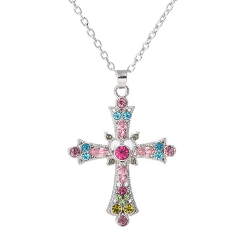 Gothic Zircon Cross Necklace – Unisex Y2K Large Pendant with Irregular Crystal Design for Men & Women