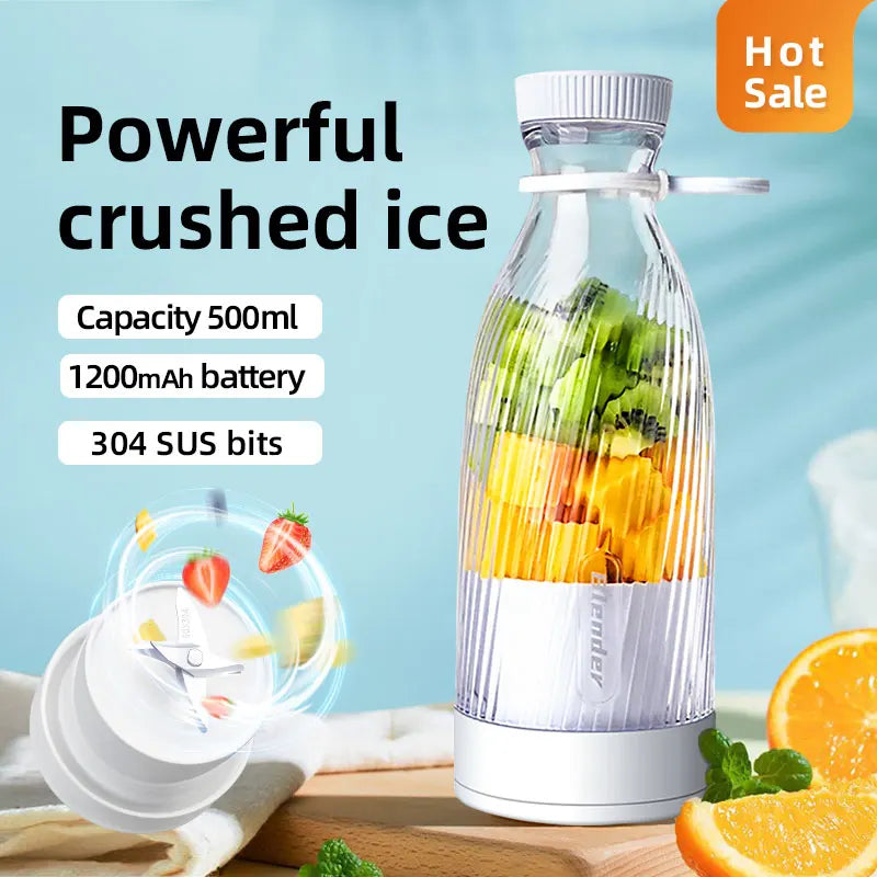 500ml White Electric Fruit Juicer Blender – 6-Blade USB Rechargeable Mini Portable Smoothie & Shake Maker 🍓⚡
