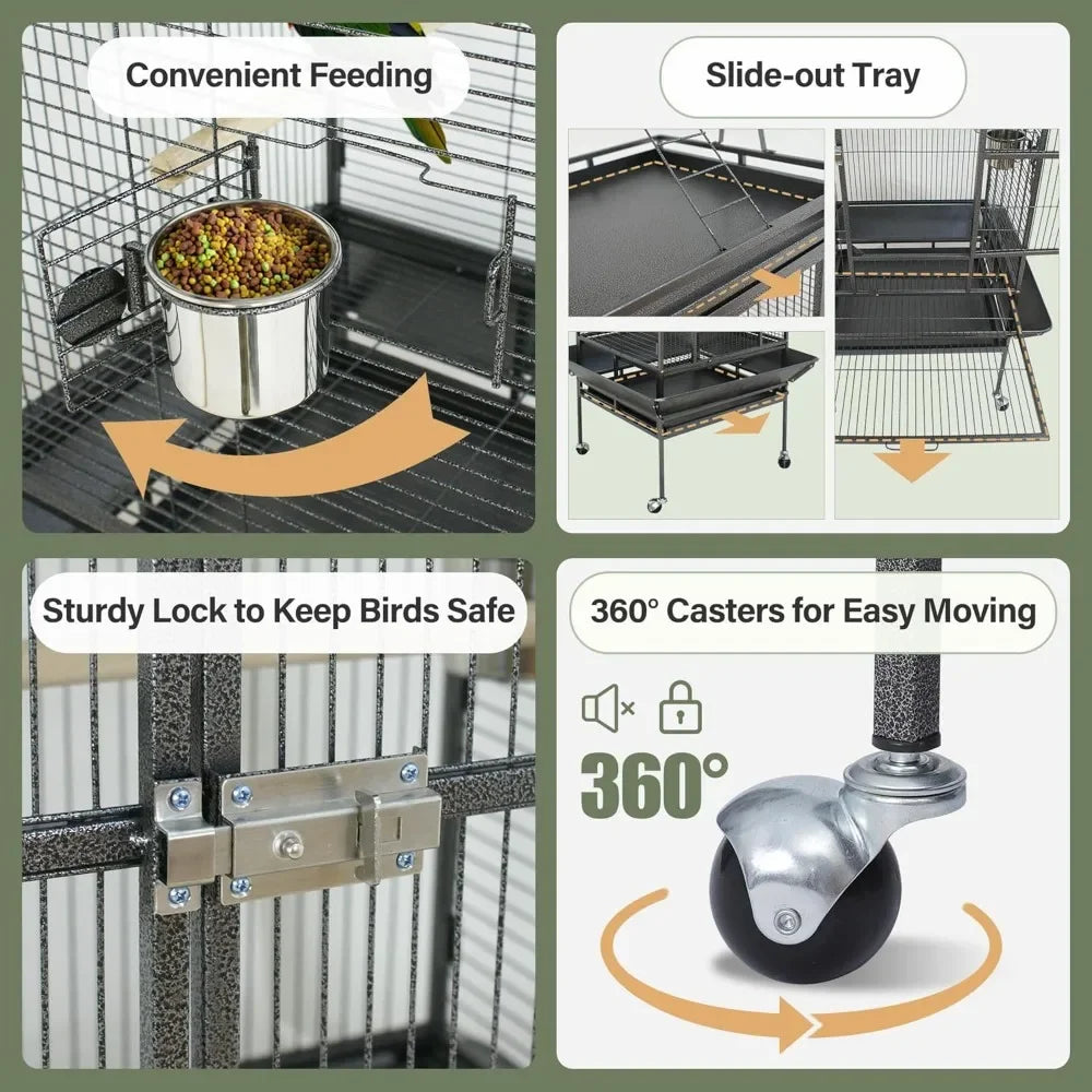 Playtop Parrot Cage – Heavy-Duty Wrought Iron Bird Cage with Rolling Stand, Large Pet Bird House for Parrots & Cockatiels