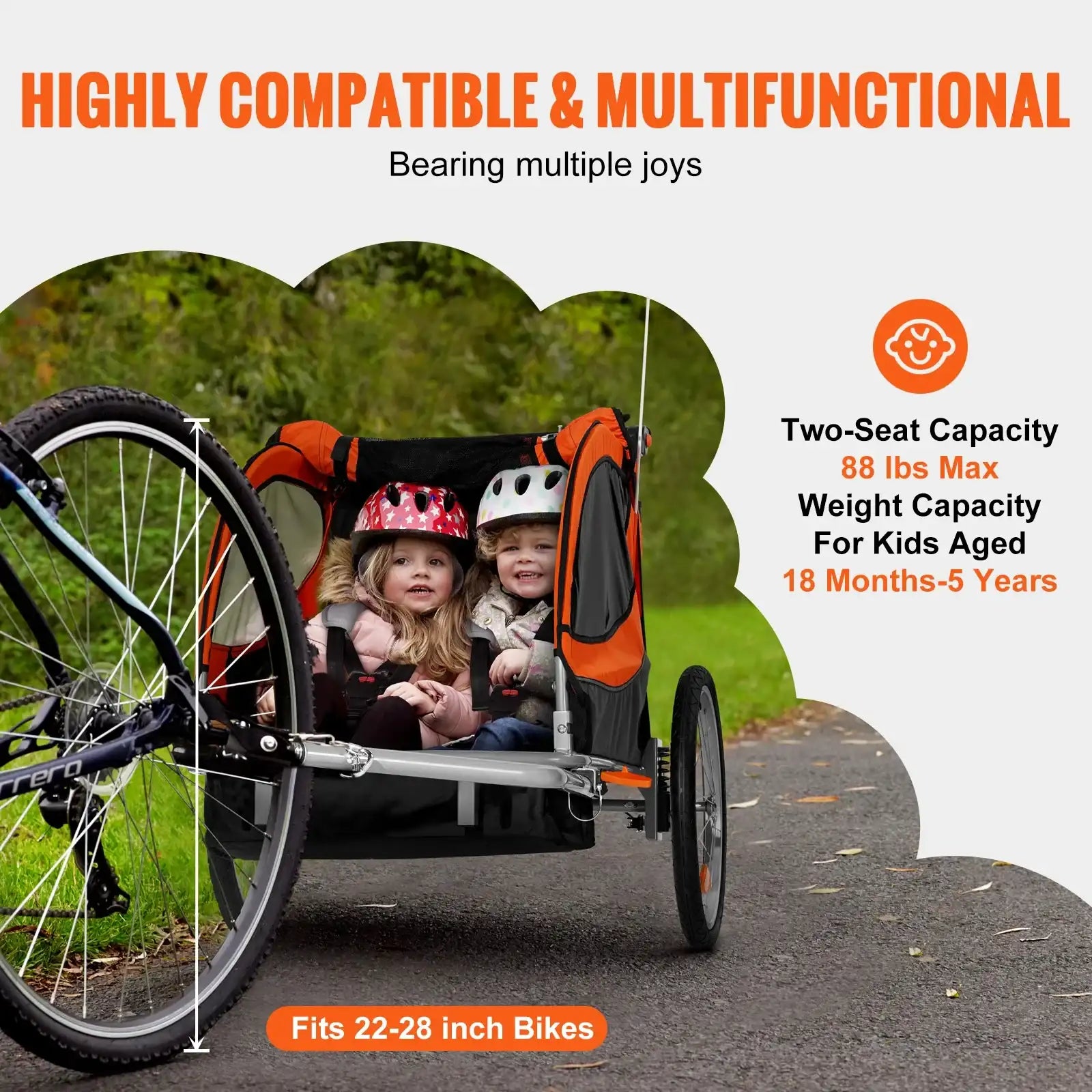 VEVOR Dual-Seat Bike Trailer & Stroller for Kids – Up to 100 lbs Load