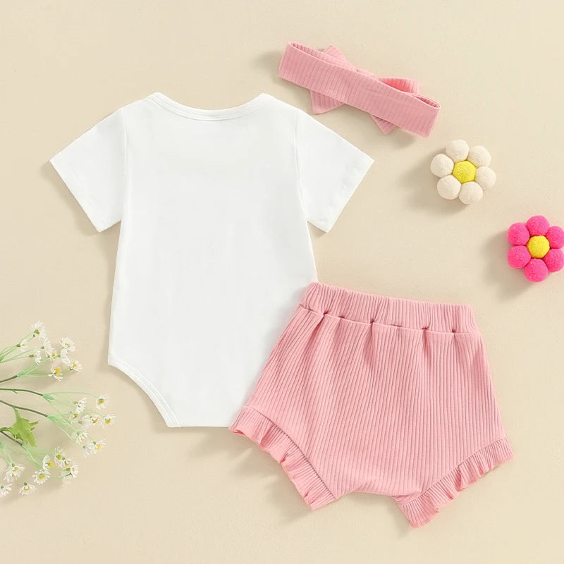 Toddler Girls 2-Piece Summer Outfit – Sleeveless Floral Print Top, Ruffle Shorts & Matching Headband Set for Baby Girls