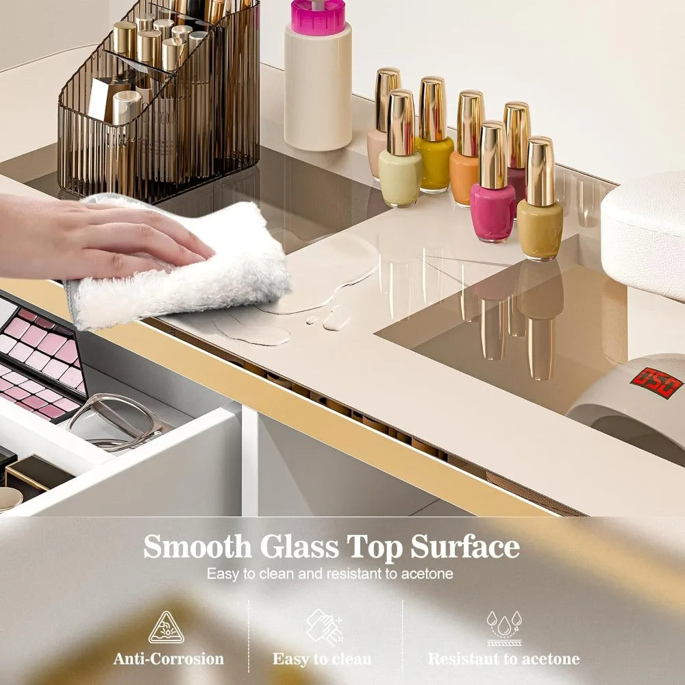 Manicure Table for Nail Tech – Glass Top Nail Desk with 4 Drawers & 2-Tier Storage Shelves, Salon Beauty Workstation