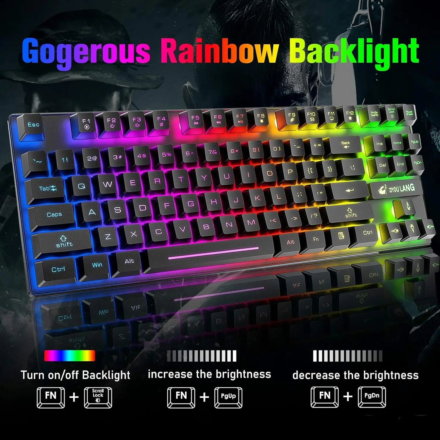Mambasnake T87 Wireless Gaming Keyboard & Mouse Combo with 87-Key Rainbow LED Backlight and Rechargeable Battery (118 characters)