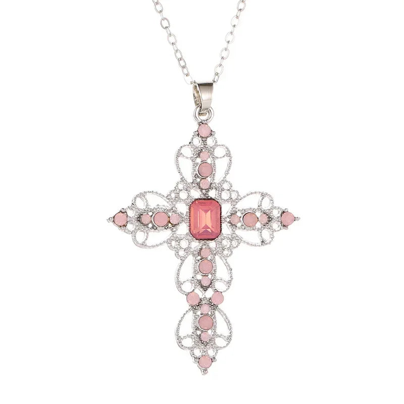 Gothic Zircon Cross Necklace – Unisex Y2K Large Pendant with Irregular Crystal Design for Men & Women