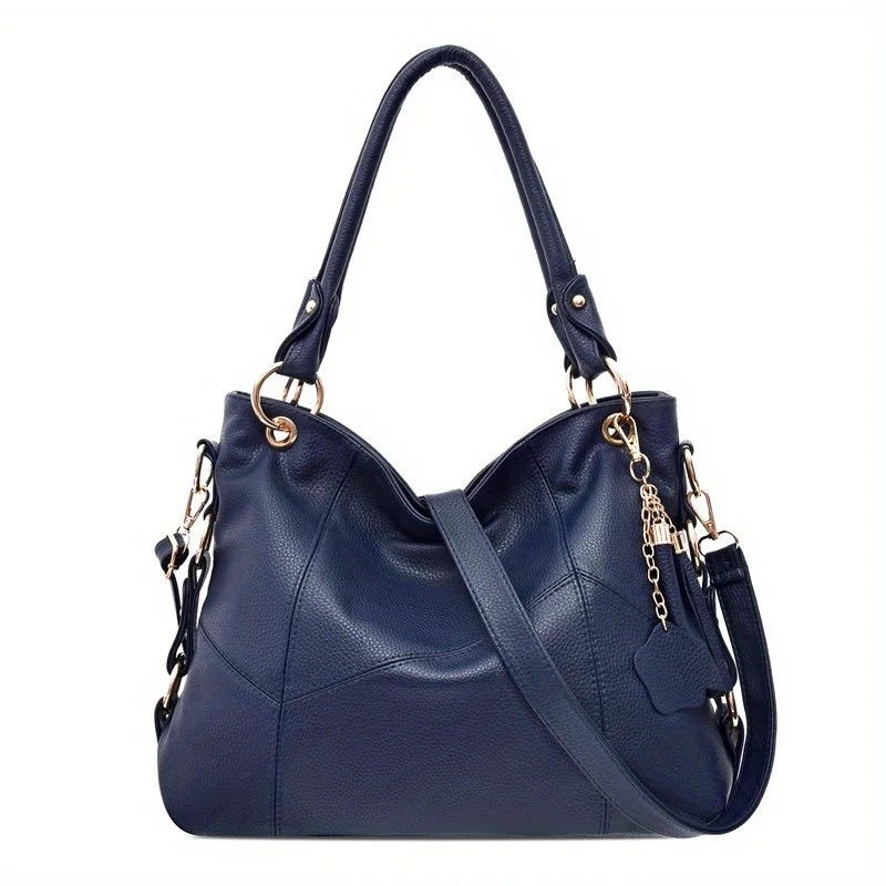 Classic Design Soft Leather Hobo Bag – 2-Way Carry Large Capacity Tote & Crossbody with Trendy Keychain 👜✨