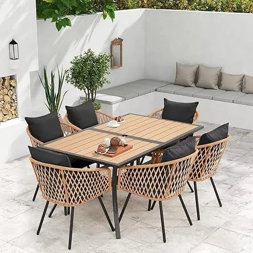 “7-Piece All-Weather Rattan Patio Dining Set – 60” Wood-Top Table with Umbrella Hole & 6 Cushioned Chairs for Outdoor Garden & Backyard”