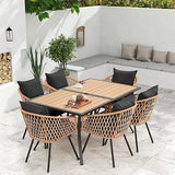 “7-Piece All-Weather Rattan Patio Dining Set – 60” Wood-Top Table with Umbrella Hole & 6 Cushioned Chairs for Outdoor Garden & Backyard”