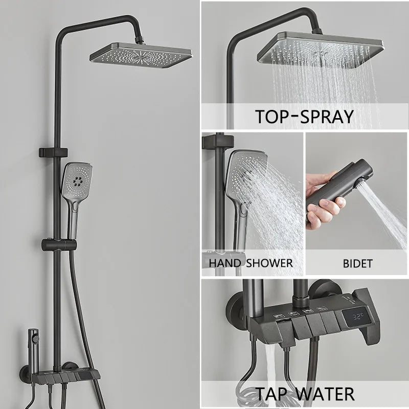 Grey Smart Digital Display Shower Faucet Set – Piano-Style Rainfall Bathroom System
