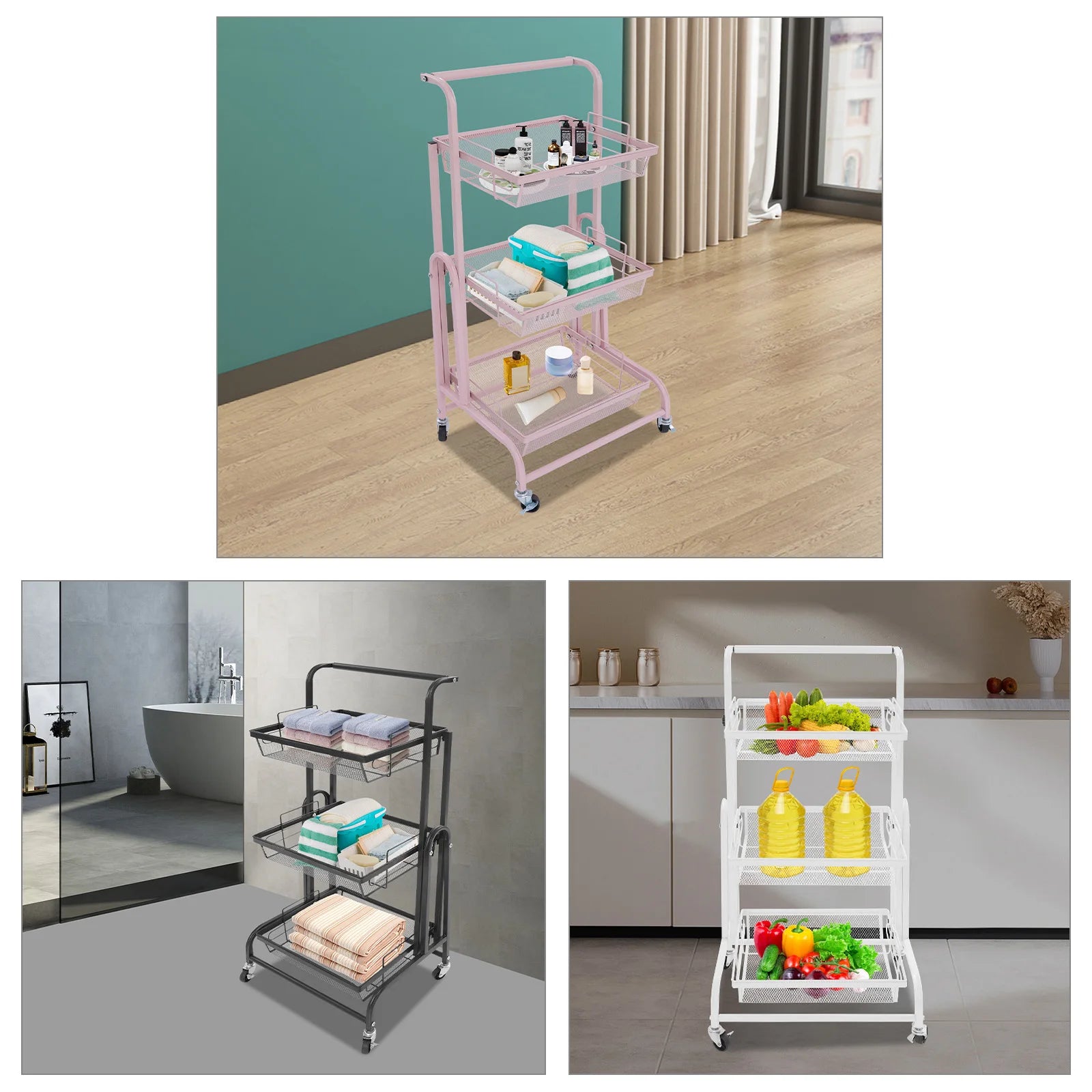 3-Tier Adjustable Rolling Storage Cart with Lockable Wheels – Multi-Room Organizer
