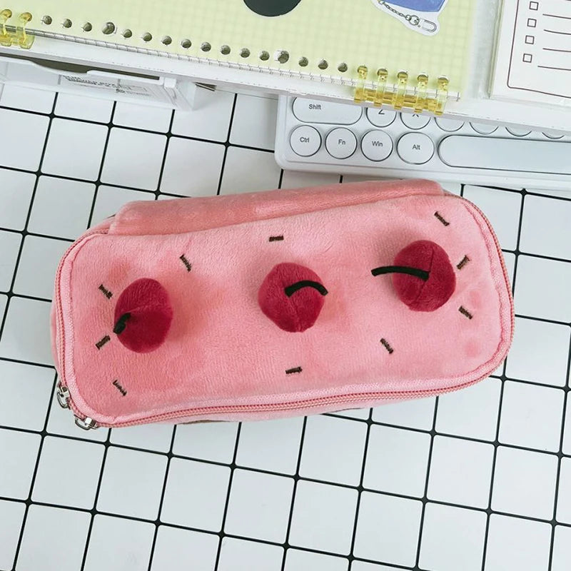 Cute Plush Cherry Cake Pencil Pouch – Large Capacity Soft Stationery Storage Bag