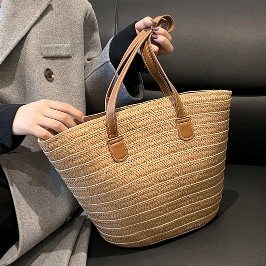 Large Capacity Woven Beach Tote Bag – Casual Solid-Colour Shoulder Bag for Women