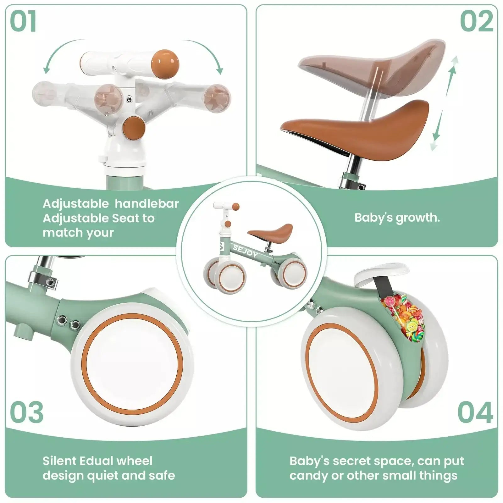 SEJOY Baby Balance Bike – Adjustable Toddler First Walking Bike for Boys & Girls (Seat & Handle Height Adjustable)