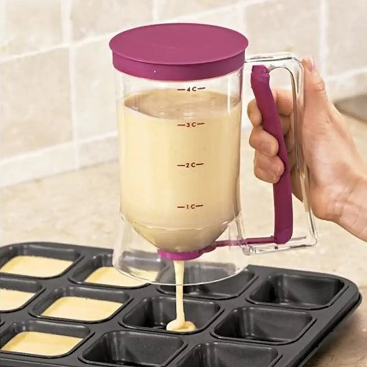 “Batter Dispenser & Separator with Measuring Label – Squeeze Handle for Pancakes, Waffles & Baking”
