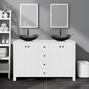 48" White Bathroom Vanity – Marble-Texture Top, 4 Drawers & Double Glass Vessel Sinks (Modern Standing Cabinet)