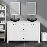 48" White Bathroom Vanity – Marble-Texture Top, 4 Drawers & Double Glass Vessel Sinks (Modern Standing Cabinet)