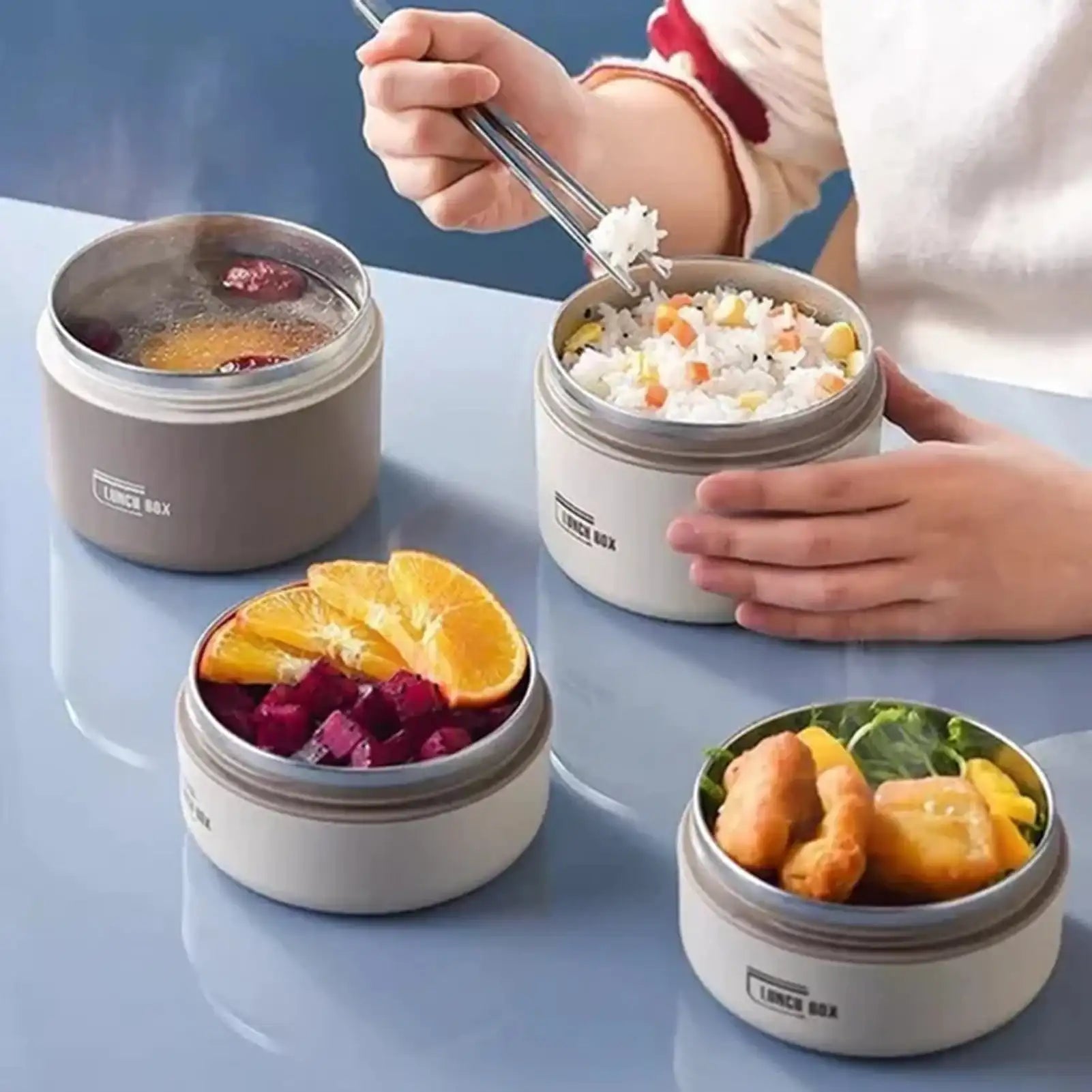 Round Leak-Proof Thermal Lunch Box with Lid & Folding Handle – For Kids, Students & Adults