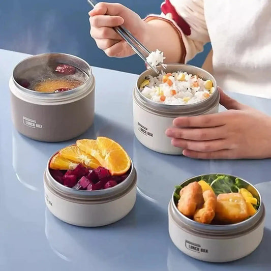 Round Leak-Proof Thermal Lunch Box with Lid & Folding Handle – For Kids, Students & Adults