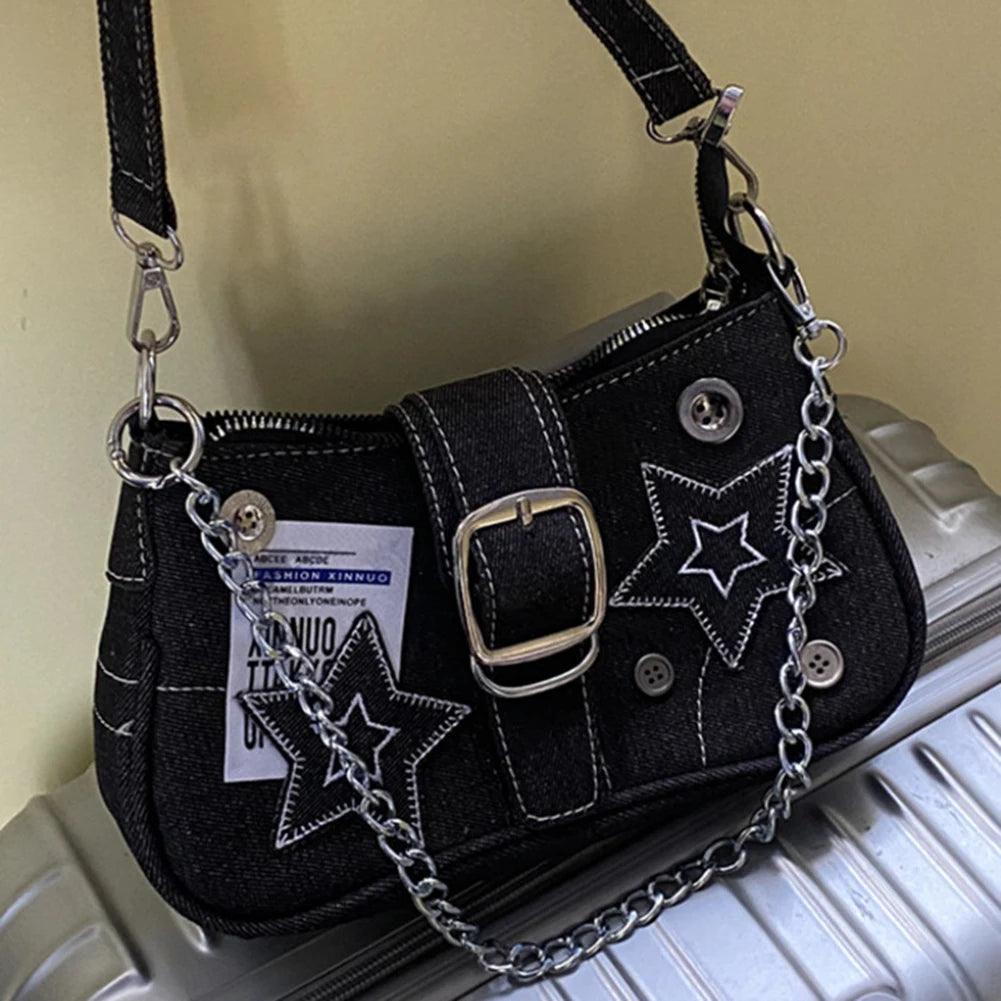 Women’s Y2K Star Denim Clutch – Large Capacity Shoulder & Underarm Hobo Bag with Chic Chain Strap 👜✨