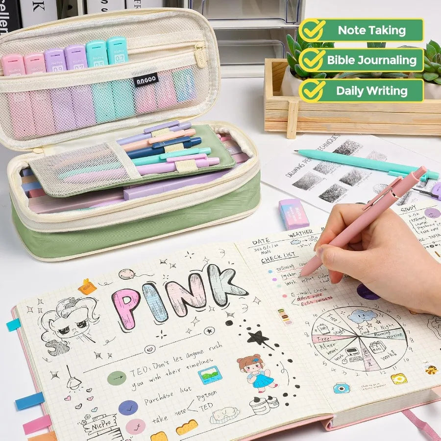 39-Piece Aesthetic School Supplies Set – Big Capacity Pen Case with Pastel Highlighters & Black Ink Pens ✨📚