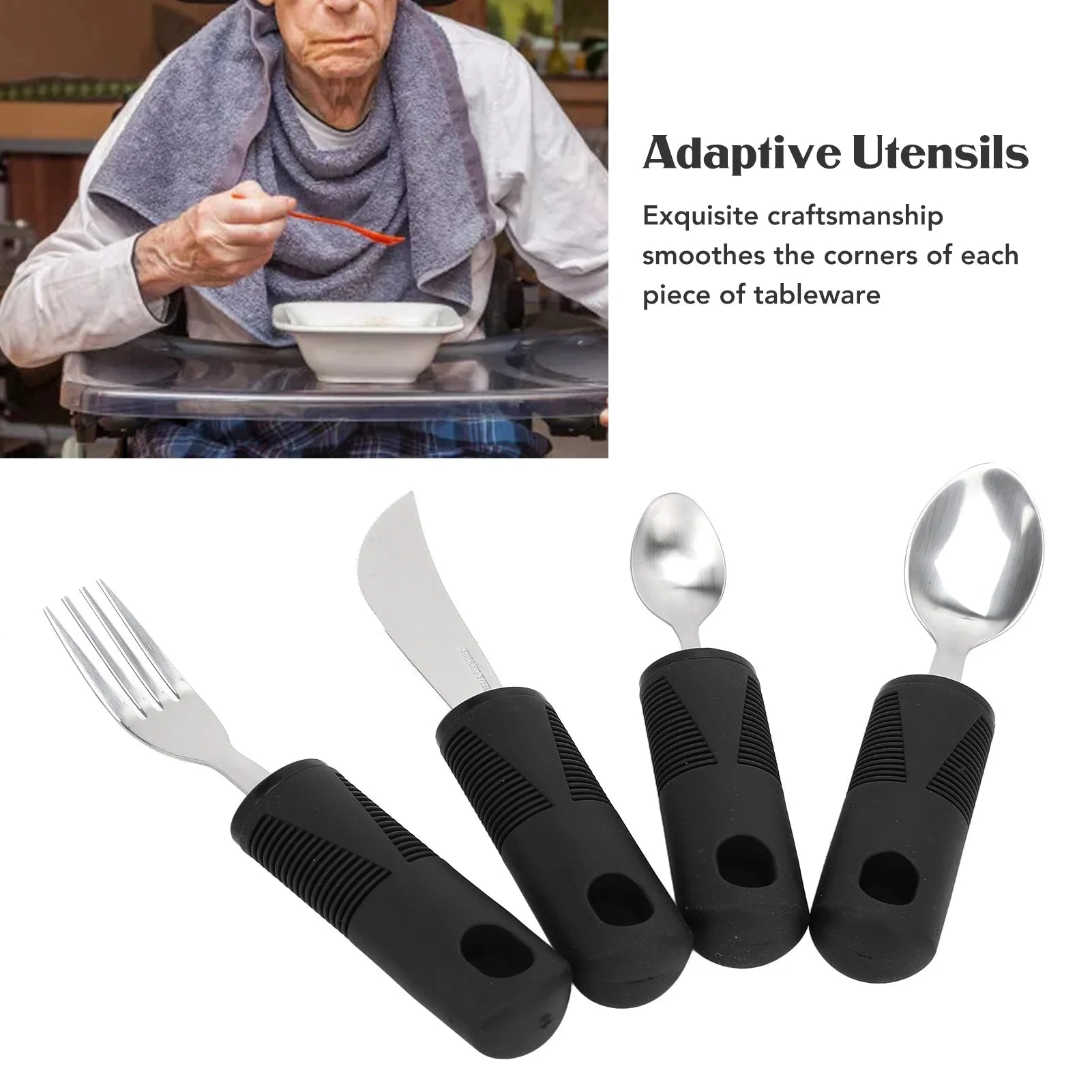 4-Piece Non-Slip Rubber Handle Stainless Steel Utensil Set – Spoon • Fork • Steak Knife • Teaspoon