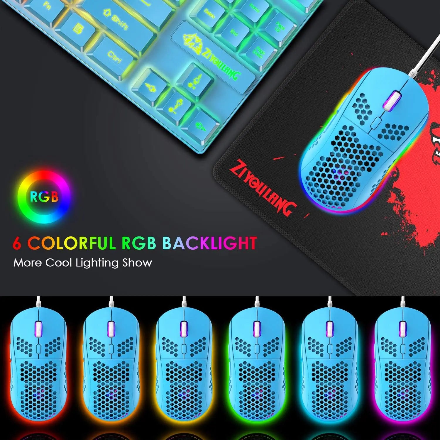 Gaming Keyboard and Mouse Combo – 88-Key Compact Rainbow Backlit Keyboard with RGB 6,400 DPI Honeycomb Lightweight Mouse