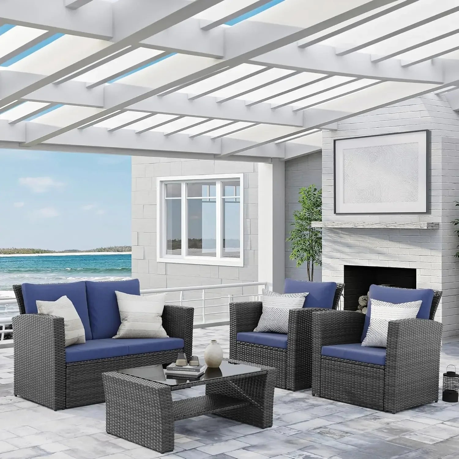 4-Piece Outdoor Patio Furniture Set – Gray Rattan Wicker Conversation Set with Cushions | Modern Patio Sofa & Chair Set for Porch & Deck