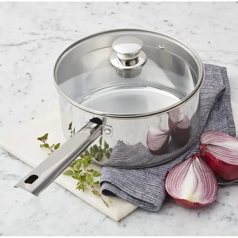 3 Quart Induction-Compatible Stainless Steel Saucepan with Straining Lid & Tri-Ply Base