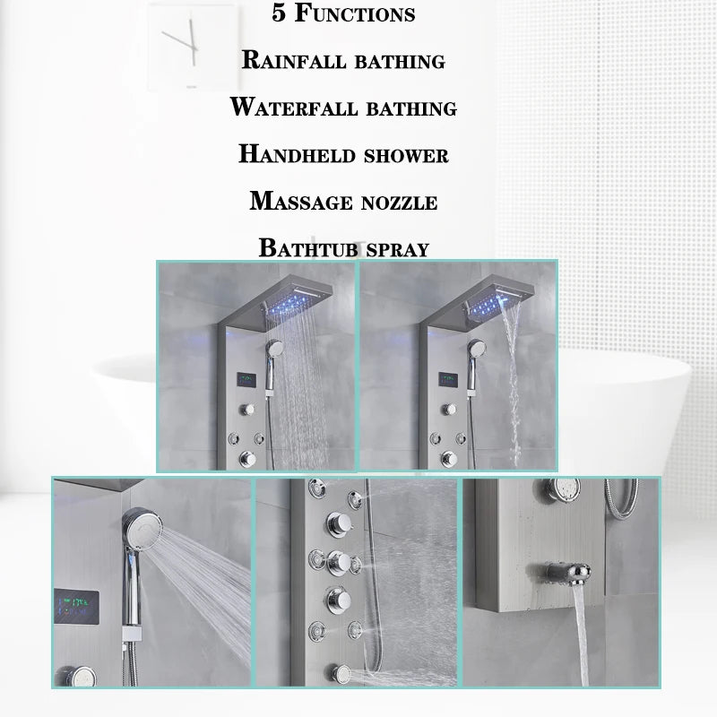 LED Light Rainfall Shower Panel System – Thermostatic Mixer Tap with Massage Jets & Digital Temperature Screen