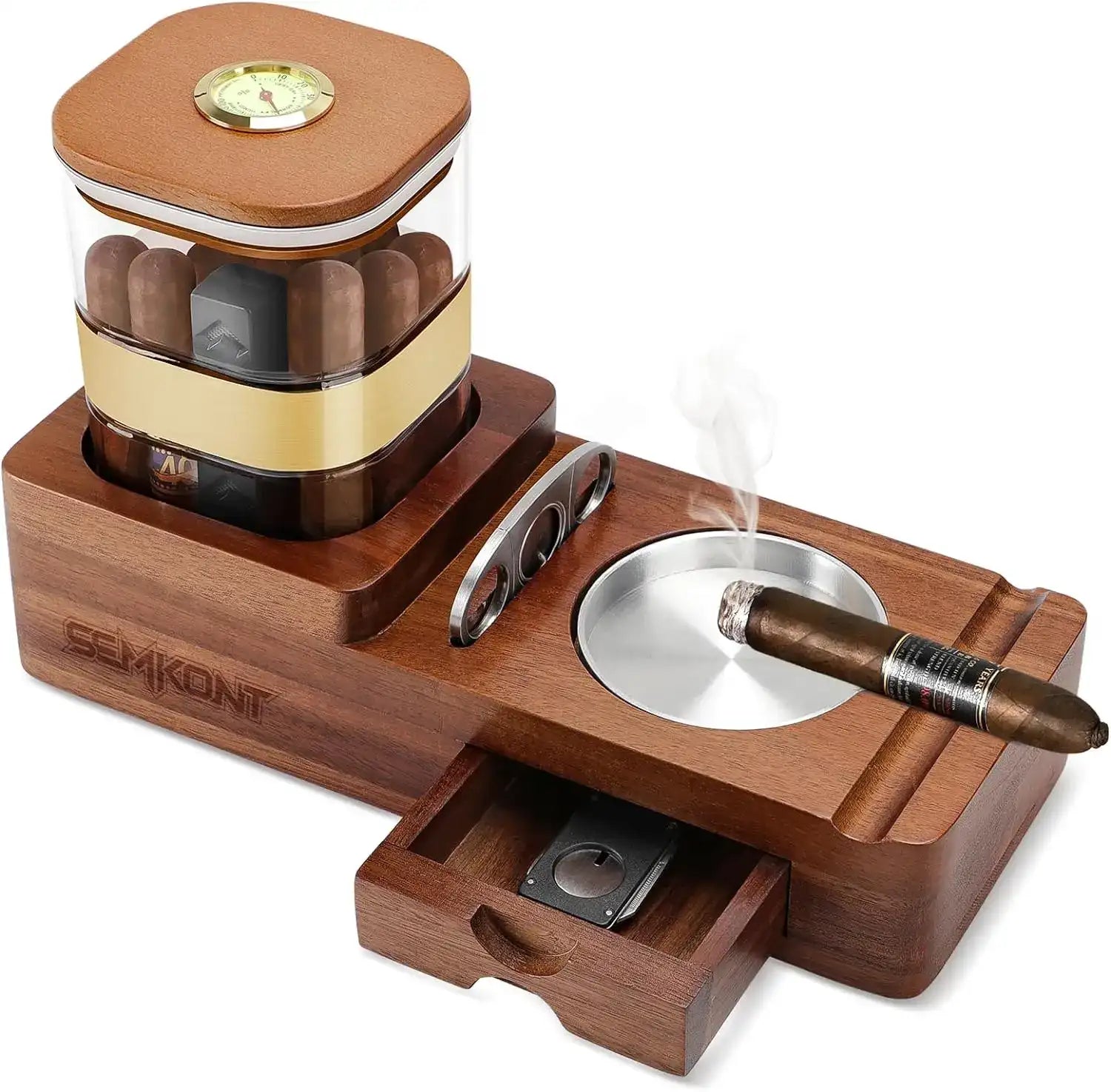 Wooden Cigar Humidor & Ashtray Set with Drawer, Cigar Jar, Cigar Cutter & Slot Organizer