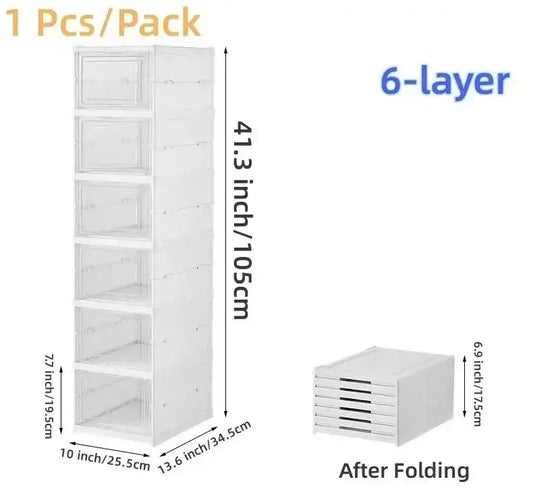 6-Layer Foldable Transparent Shoe Storage Organizer – Stackable Dustproof Sneaker Box Cabinet for High-Tops & Everyday Shoes