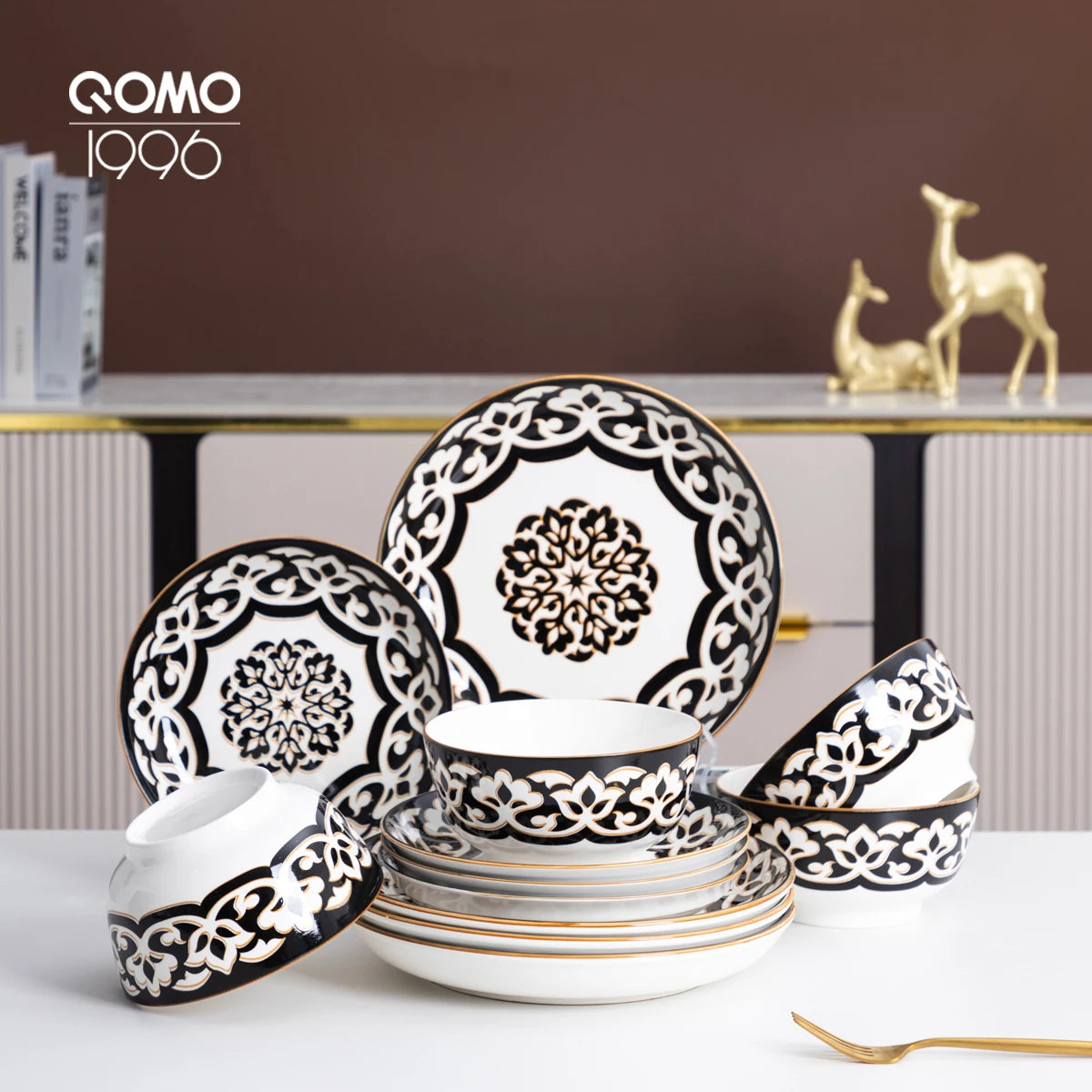 QOMO Collection Multi-Piece Porcelain Dinnerware Set – Floral Design, Service for 4/6/8 (12-/20-/30-/40-Pieces)
