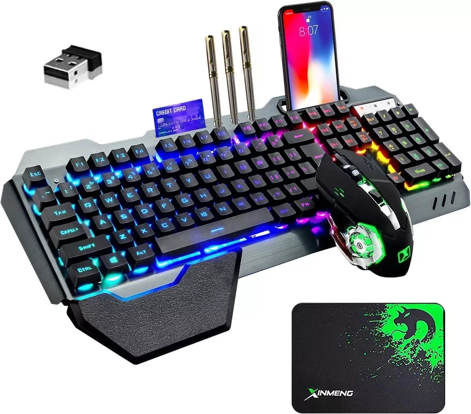 Wireless Gaming Keyboard & Mouse Set – Rainbow RGB Backlit Rechargeable Keyboard with 7-Color Silent Mouse & Gaming Pad