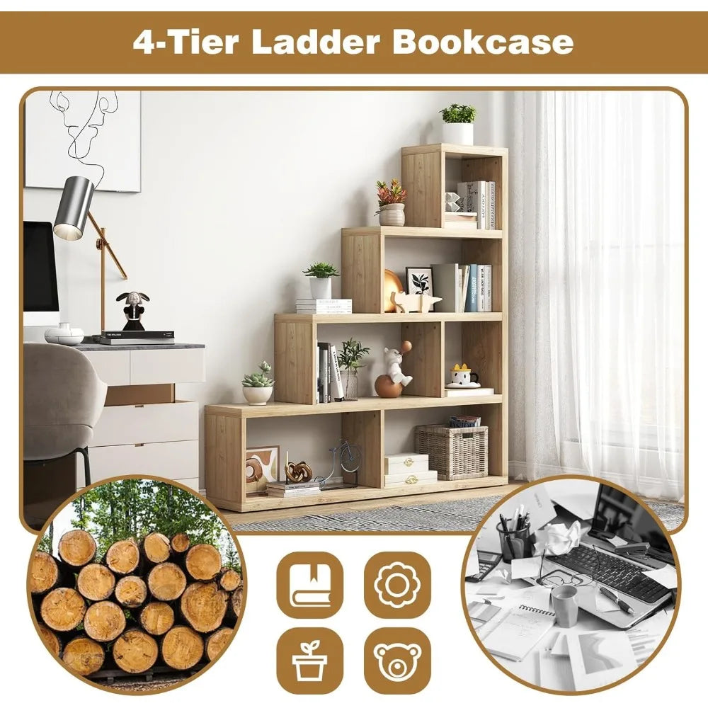 4-Tier L-Shaped Ladder Corner Bookcase – 6 Cube Stepped Etagere with 10 Shelves & Sturdy L-Frame
