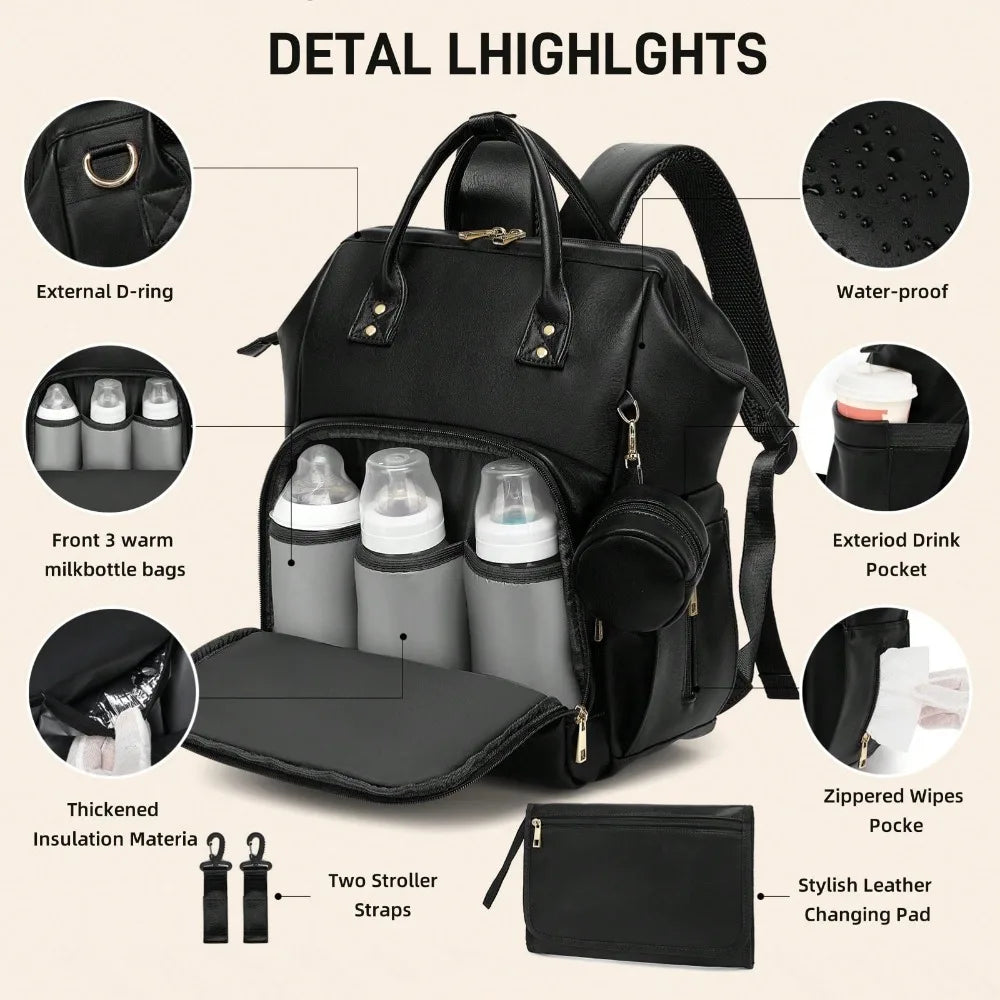 Leather Diaper Bag Backpack with Changing Pad & Pacifier Case – Large Multifunction Waterproof Mommy Travel Tote