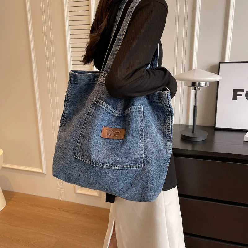Women’s Large Capacity Denim Tote Bag – Solid Colour Casual Shopping Handbag