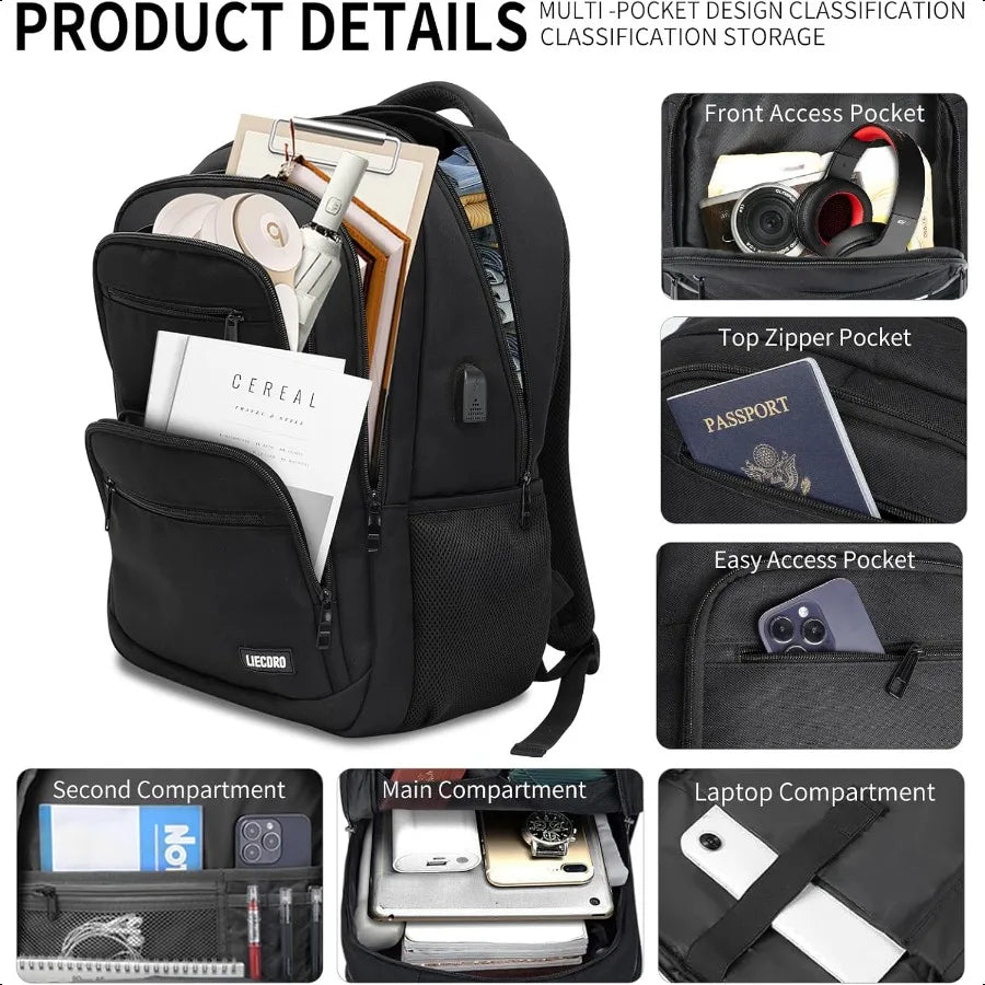 Men’s 15.6" Laptop School Backpack — USB Charging Travel Bag for Boys & Teens