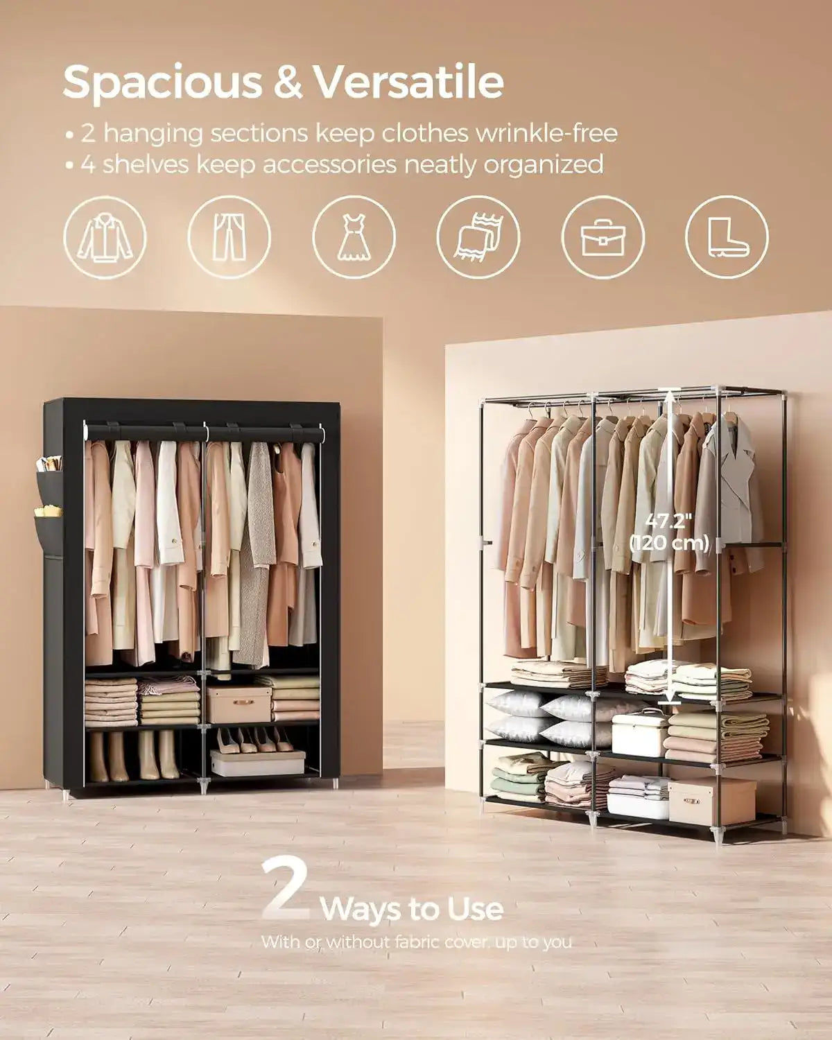 Portable Wardrobe Closet with Shoe Rack & Cover – Clothes Storage Organizer with Shelves & Side Pockets